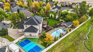 Aerial view of residential area with a pool area