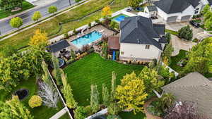 Drone / aerial view of a pool area
