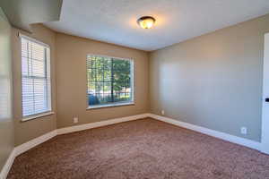 Carpeted spare room featuring baseboards and a textured ceiling