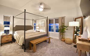 Bedroom with carpet flooring and ceiling fan