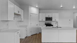 Kitchen with white cabinets, stainless steel appliances, dark wood-style floors, and recessed lighting