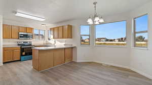 Kitchen featuring appliances with stainless steel finishes, light countertops, a peninsula, light wood-type flooring, and decorative light fixtures