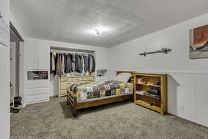 Carpeted bedroom with a closet, a textured ceiling, and a wainscoted wall