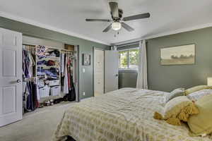 Bedroom featuring crown molding, carpet floors, a closet, and a ceiling fan
