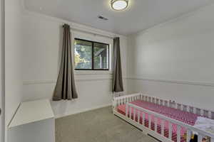 Bedroom featuring a nursery area, carpet flooring, and crown molding