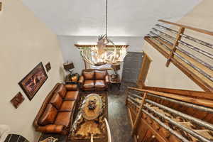 Dining space with a chandelier