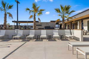 View of patio featuring a mountain view