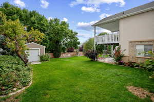 View of yard with a patio and an outdoor structure