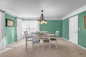 Dining area with carpet flooring, a textured ceiling, and crown molding