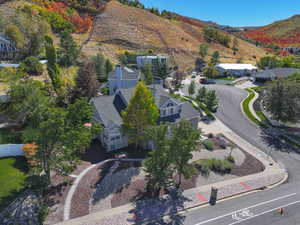 Aerial perspective of suburban area with mountains