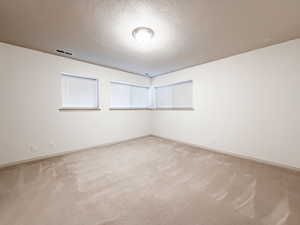 Unfurnished room with a textured ceiling and light carpet