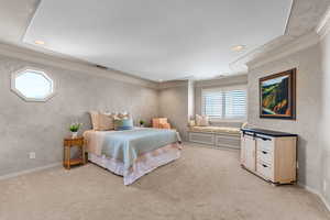 Bedroom featuring ornamental molding, light carpet, and recessed lighting