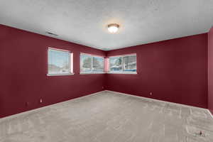 Carpeted spare room featuring a textured ceiling and baseboards