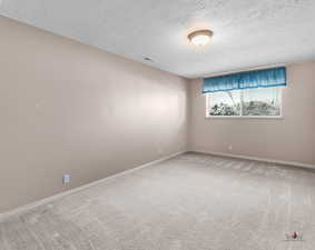 Carpeted empty room featuring baseboards and a textured ceiling