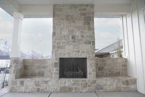 Detailed view of an outdoor stone fireplace