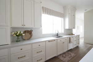Kitchen with white cabinets, dark wood finished floors, and light stone counters