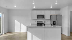 Kitchen with appliances with stainless steel finishes, recessed lighting, light wood-style flooring, a center island with sink, and white cabinets