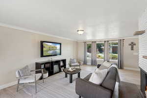 Living area featuring ornamental molding, a fireplace, light wood-style floors, and a textured ceiling