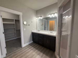 Master bathroom featuring a walk in closet, double vanity, light wood-type flooring, and a stall shower