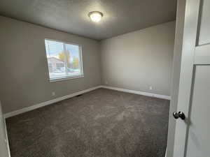 Carpeted empty room featuring a textured ceiling and baseboards