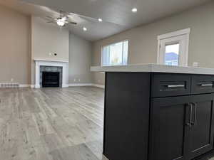 Kitchen with dark cabinetry, vaulted ceiling, recessed lighting, light wood-type flooring, and open floor plan