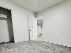 Unfurnished bedroom featuring carpet floors and a closet