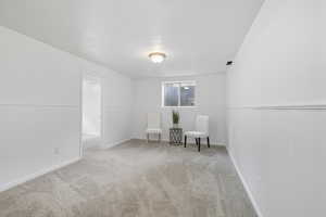 Sitting room featuring a wainscoted wall and light carpet