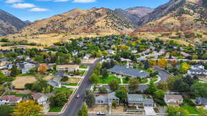 Aerial overview of property's location with nearby suburban area