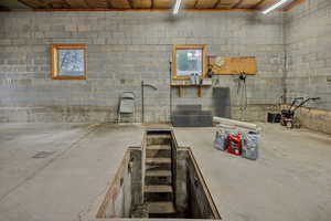 Below grade area featuring stairs to changing oil pit.