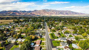 Aerial perspective of suburban area with mountains