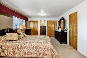 Bedroom featuring multiple closets and light colored carpet