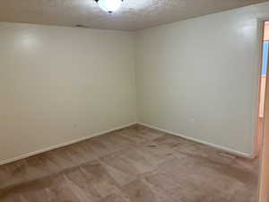 Carpeted spare room featuring a textured ceiling and baseboards