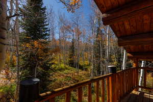 Wooden deck with a view of trees