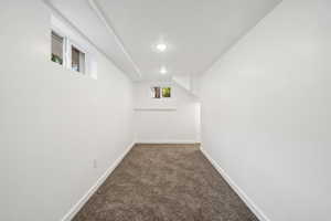 Basement with dark carpet