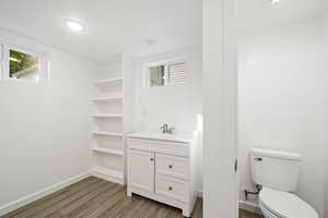 basement bathroom with vanity and dark wood-style floors