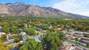 Aerial view of residential area with a mountain backdrop