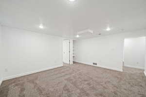 Basement with carpet and a textured ceiling
