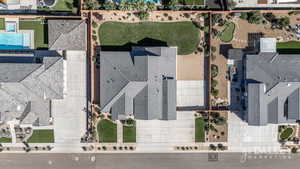 Drone / aerial view of the oversized lot with additional side RV and boat parking