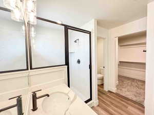 Full bathroom featuring a stall shower, light wood-style floors, vanity, a textured ceiling, and a spacious closet