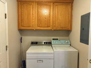 Laundry room with electric panel, cabinet space, and separate washer and dryer