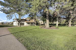 View of front facade with concrete driveway, a front lawn, an attached garage, and a chimney
