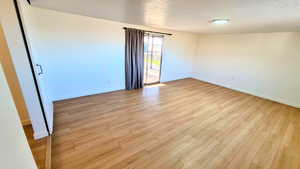 Unfurnished room with a textured ceiling and light wood-type flooring