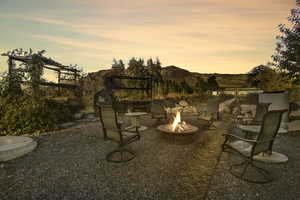 View of patio featuring a mountain view