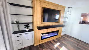 Detailed view of a glass covered fireplace, wood finished floors, and built in features