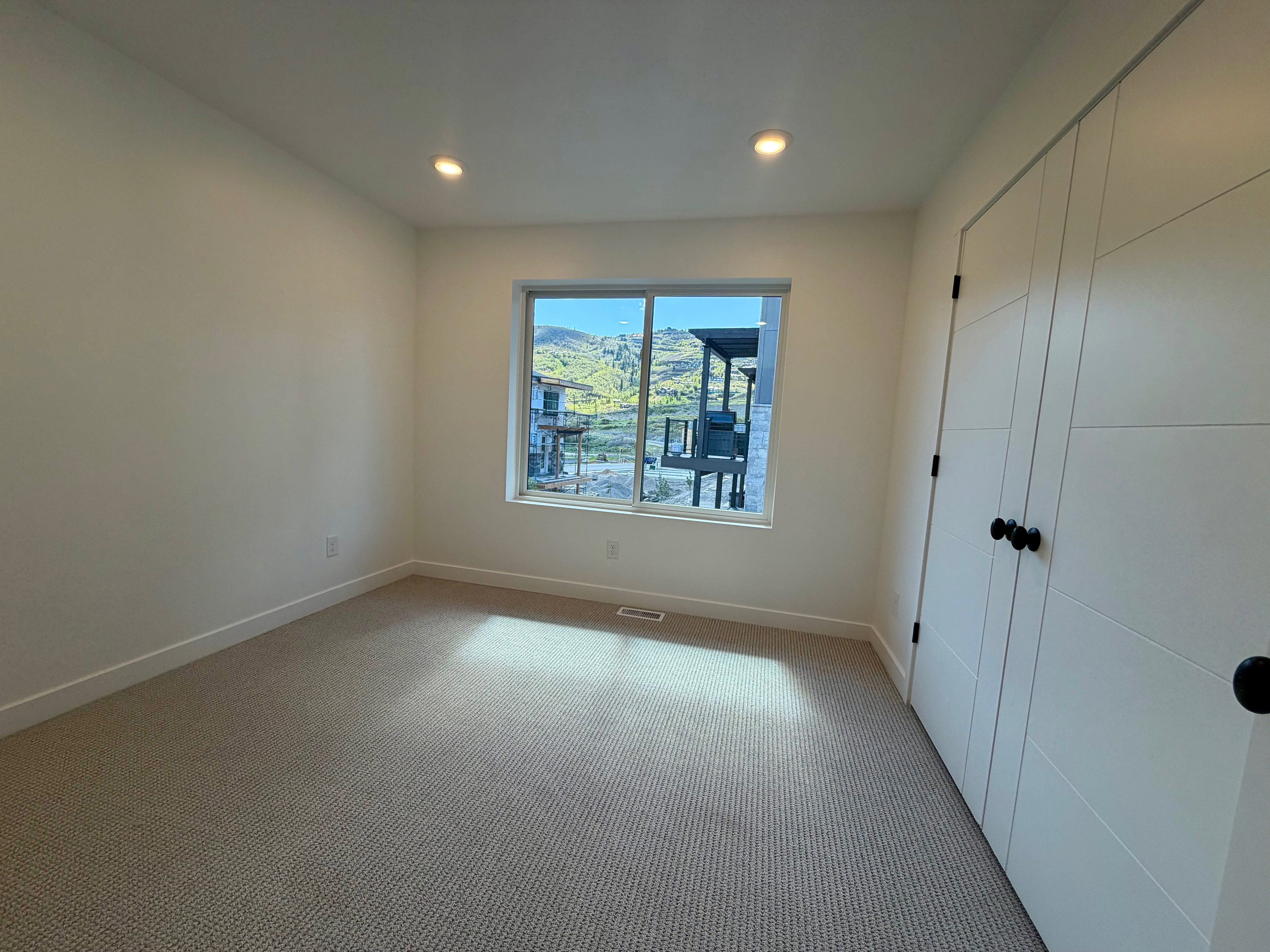 Carpeted room featuring a large window, recessed lighting, and dual-panel closet doors with matte black hardware