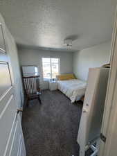 Bedroom featuring dark colored carpet and a textured ceiling