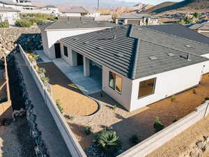 Aerial perspective of suburban area featuring mountains