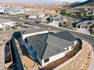 Aerial view of residential area with a mountain backdrop