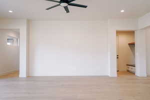 Unfurnished bedroom featuring recessed lighting, light wood-style floors, and ceiling fan