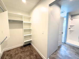 Walk in closet featuring dark colored carpet